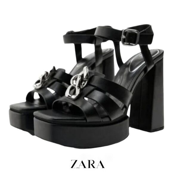 Zara Black Chunky Heel Sandals - Picture 1 of 9